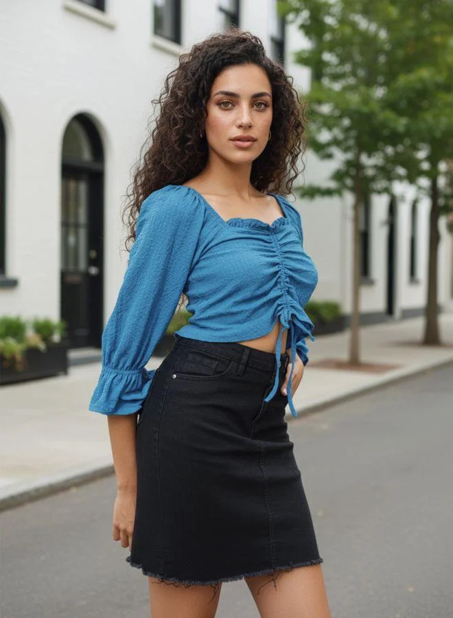 Freehand  Women Fitted Textured Henley Quarter Sleeves Crop Top for Women | Best Price UAE